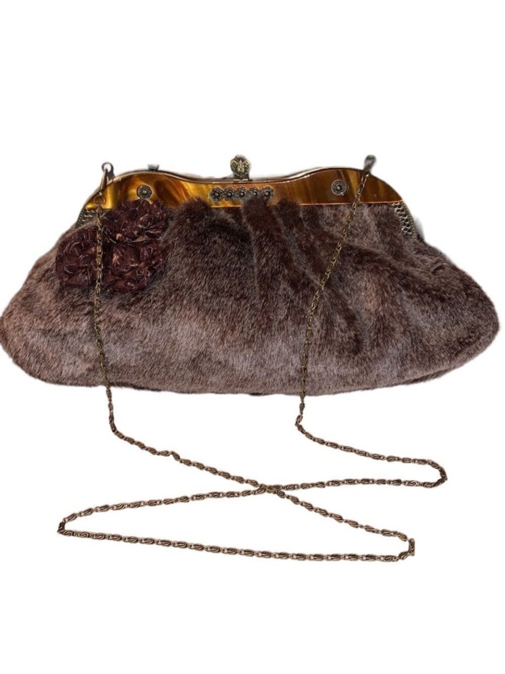 VINTAGE Embellished Brown Faux Fur Crossbody with Antique Gold Trim Chain Strap